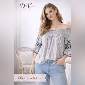 Chico’s Black White Pinstripe Off Shoulder Blouse Size 12 Embroidered Sleev